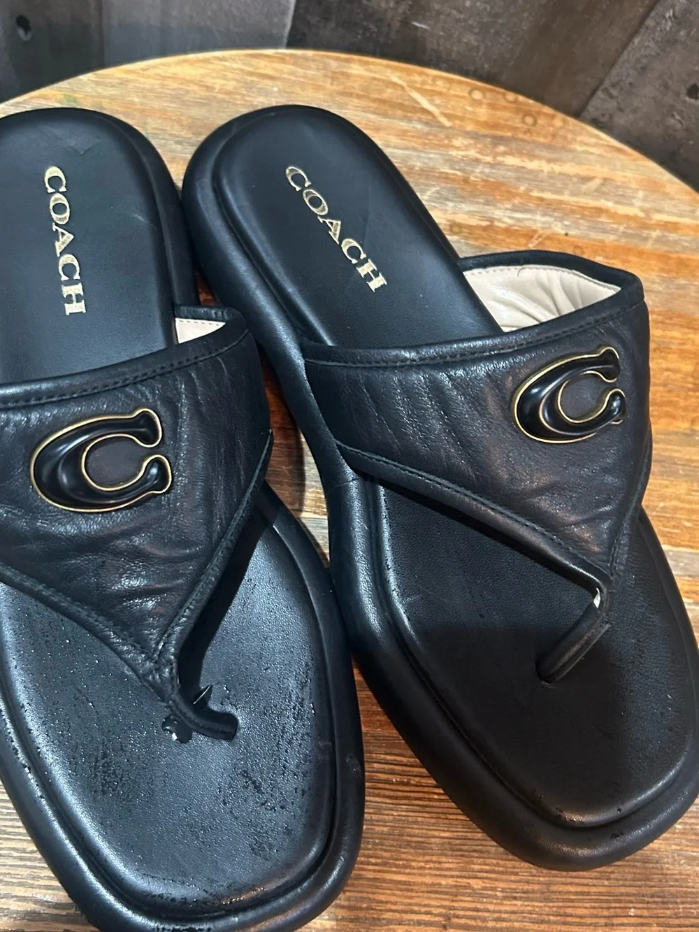 Coach Black Leather Thong Sandals with Gold 'C' Logo